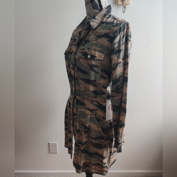 🆕 Dear John Ruched Camouflage Distressed Trenchcoat/ Button down Dress (S) - Picture 2 of 9